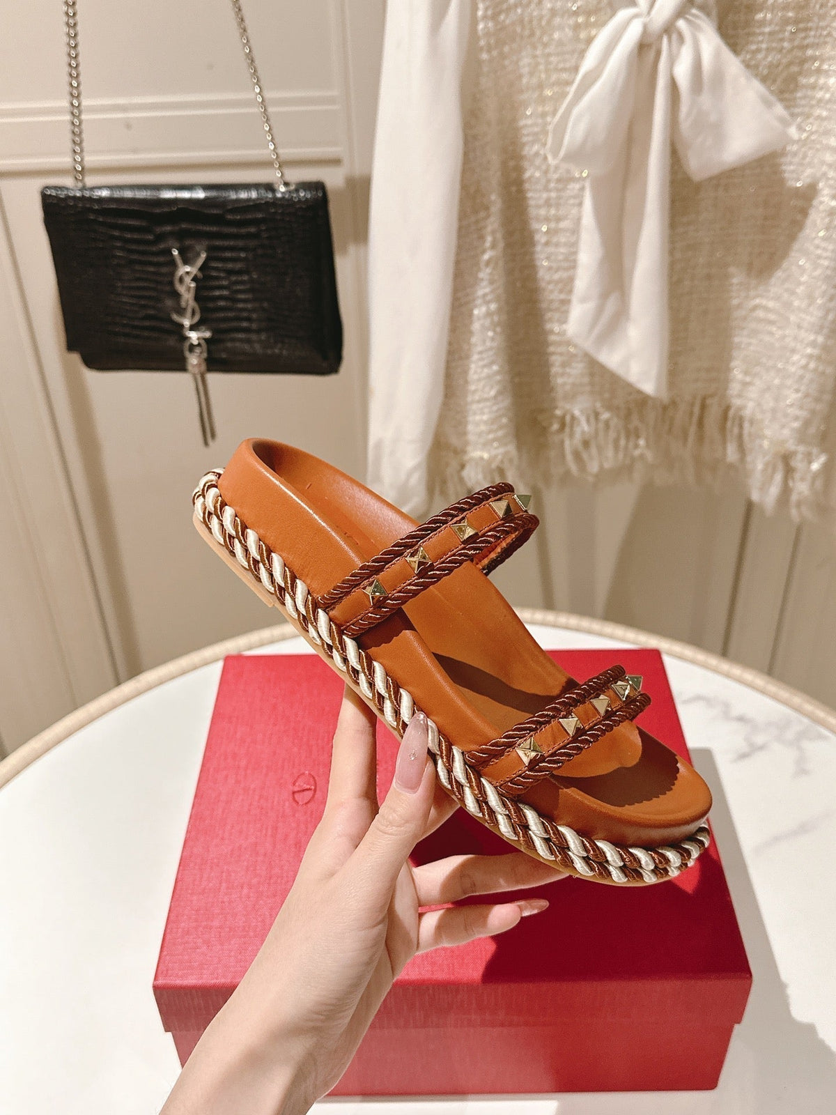 VT Rockstud Sandals Brown Espadrilles Cowhide 328127