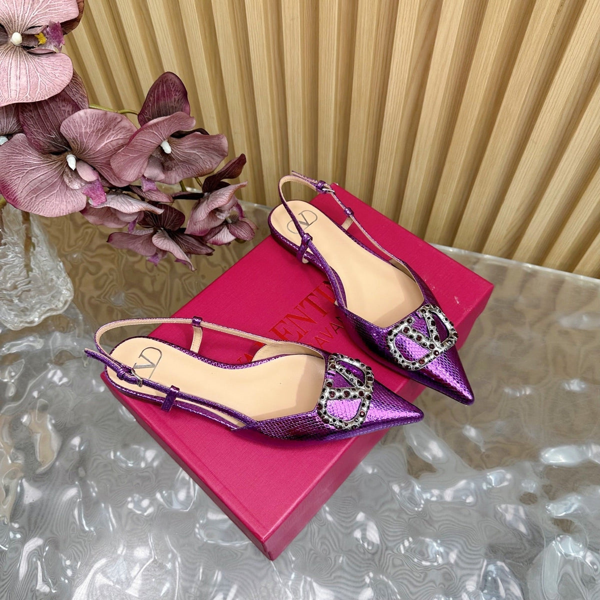 VT Slingback Flat Purple Snake-grain Leather