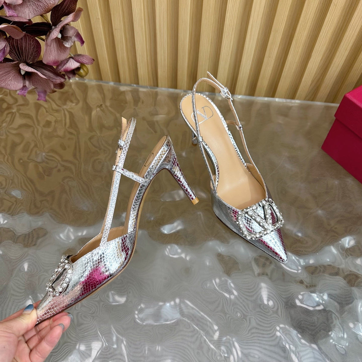 VT Slingback 8cm Silver Snake-grain Leather