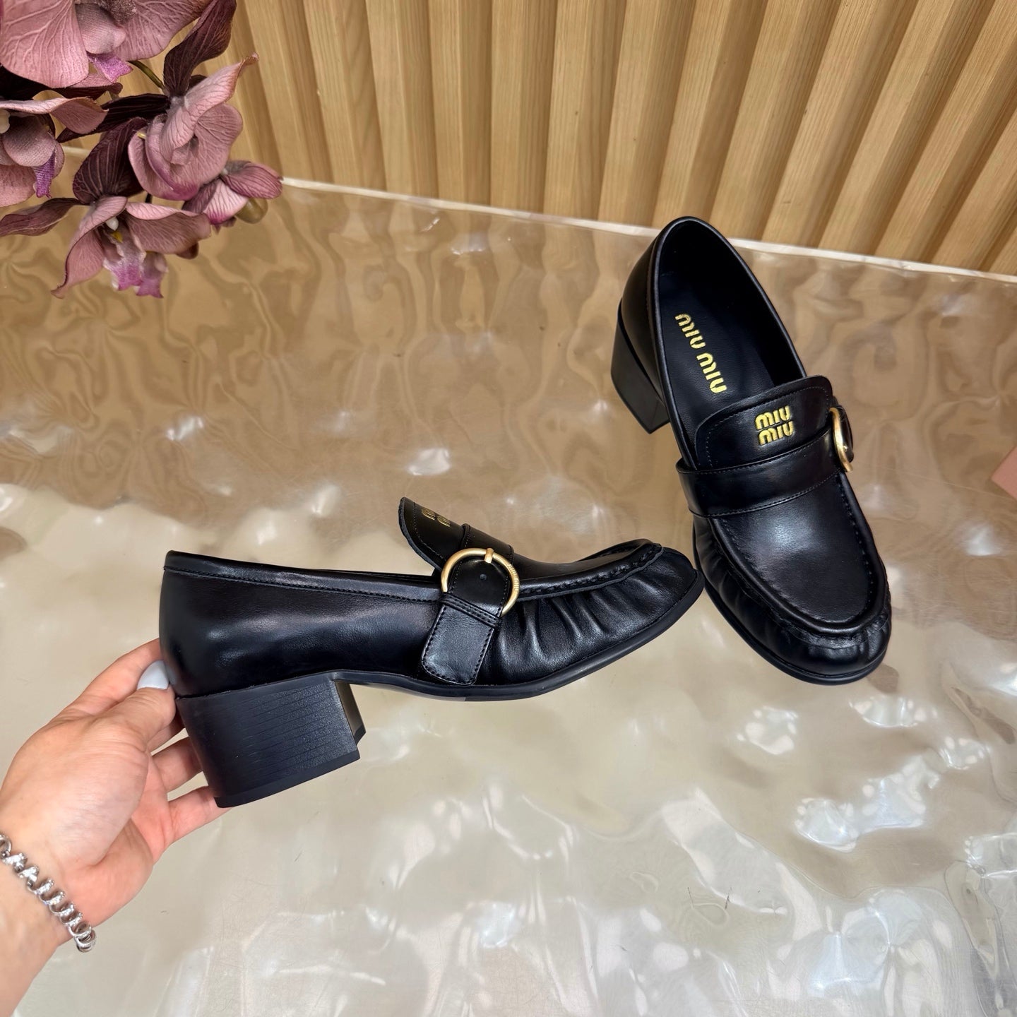 Miu Miu 2026 Buckle Chunky Heel Loafers Cowhide Suede 994167