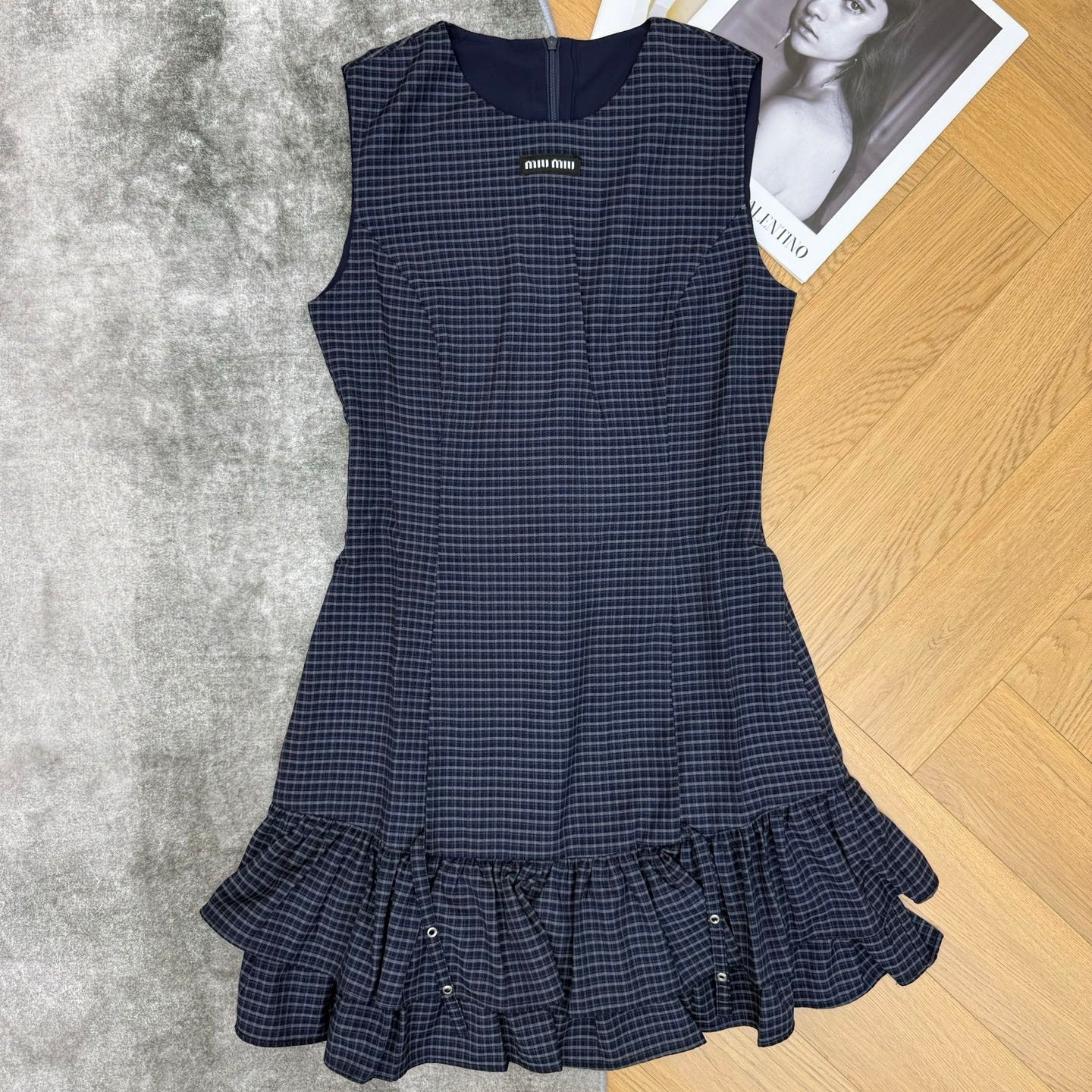 Miumiu 2026 Plaid Sleeveless Dress Navy Blue Cotton