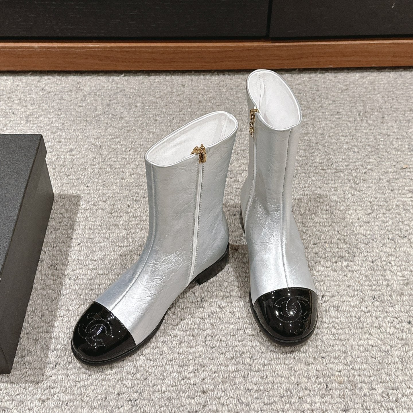 CC Short Boot Silver Metalic Lambskin Black Patent Calfskin