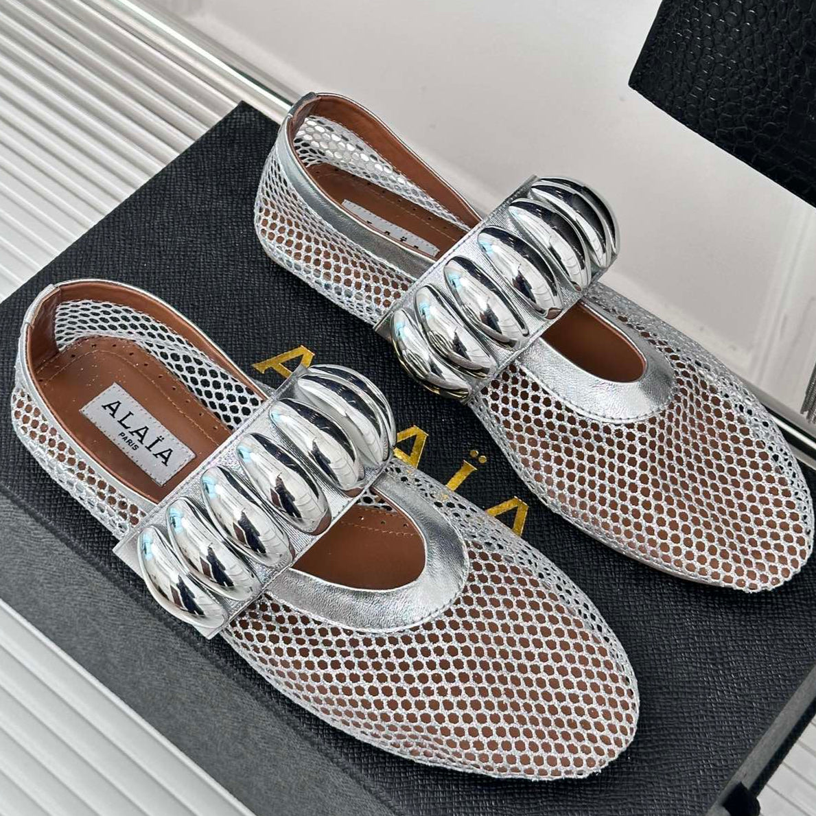 Alaia 25 Mary Jane Mesh Ballet Flats Silver Calfskin 293250