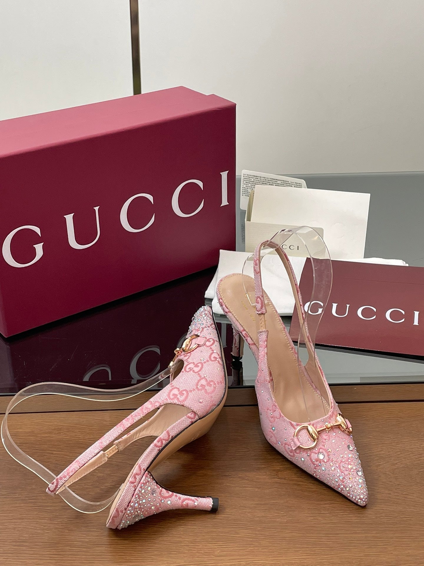 GG Horsebit Slingback 75mm Pink Ebony Monogram Canvas Point Toe Crystal-Embellished