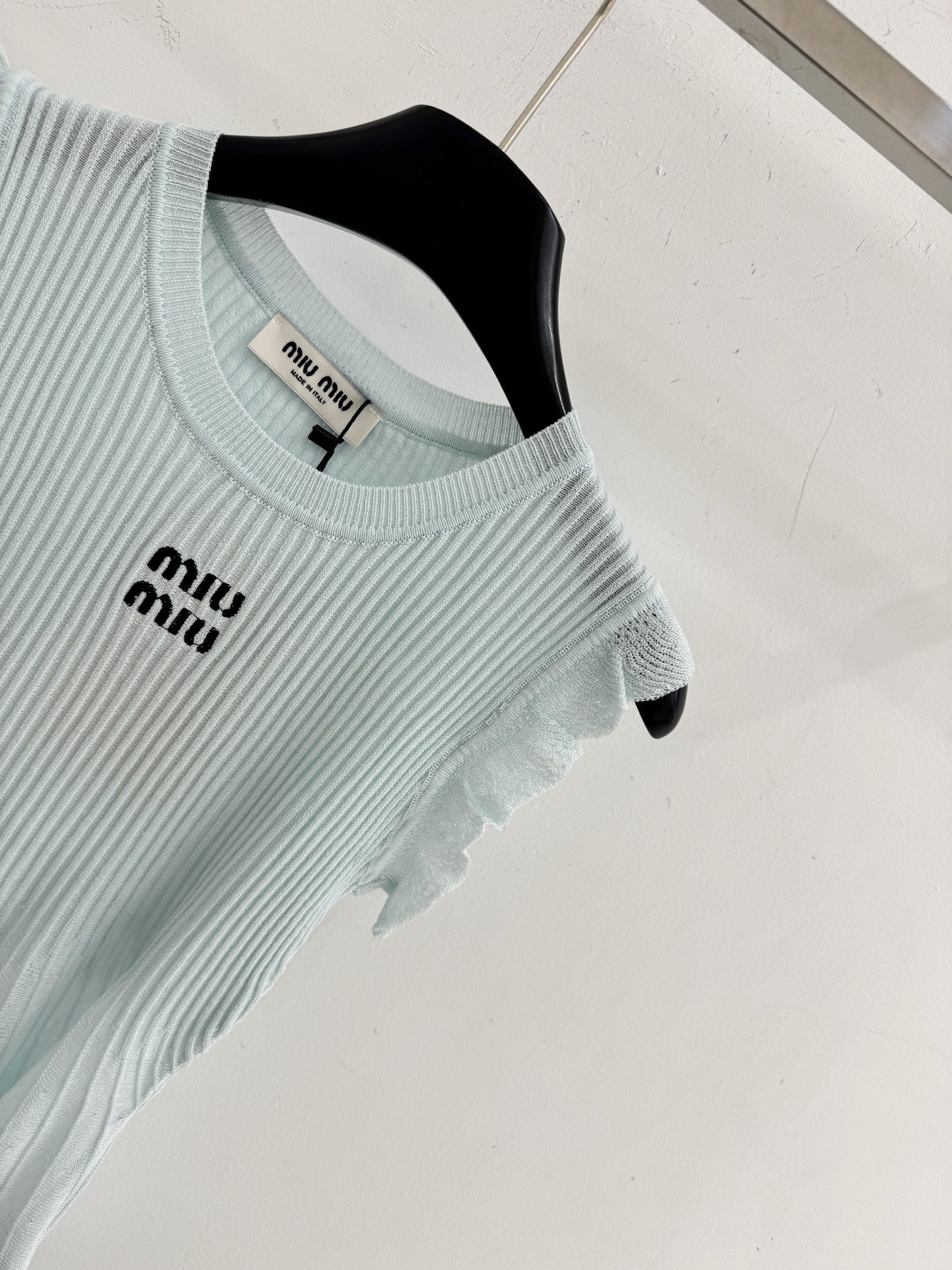 Miumiu 2026 Ruffled Sleeveless Knitwear Light Blue Cotton 516685