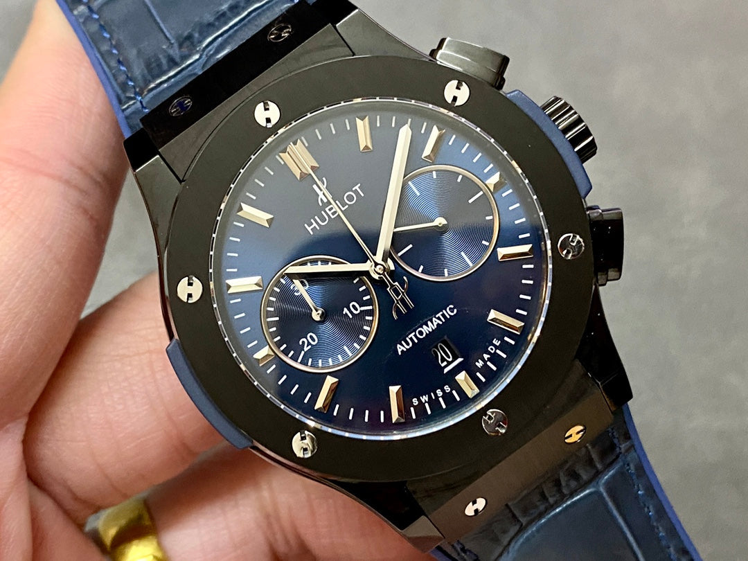 Hublot Classic Fusion Chronograph Watch 45mm Black Ceramic Case Blue Leather Strap