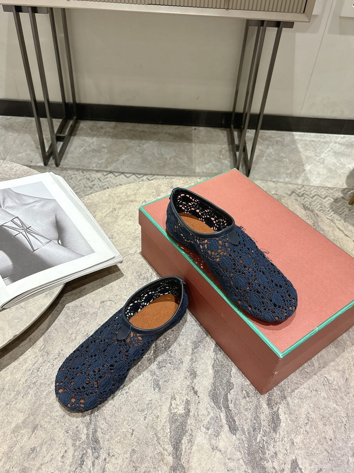 LP hollow knit ballet flats dark blue fabric 379029