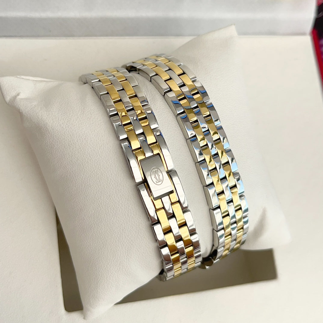 Panthere 22mm Gold Silver Diamond Bezel Double Chain 44cm