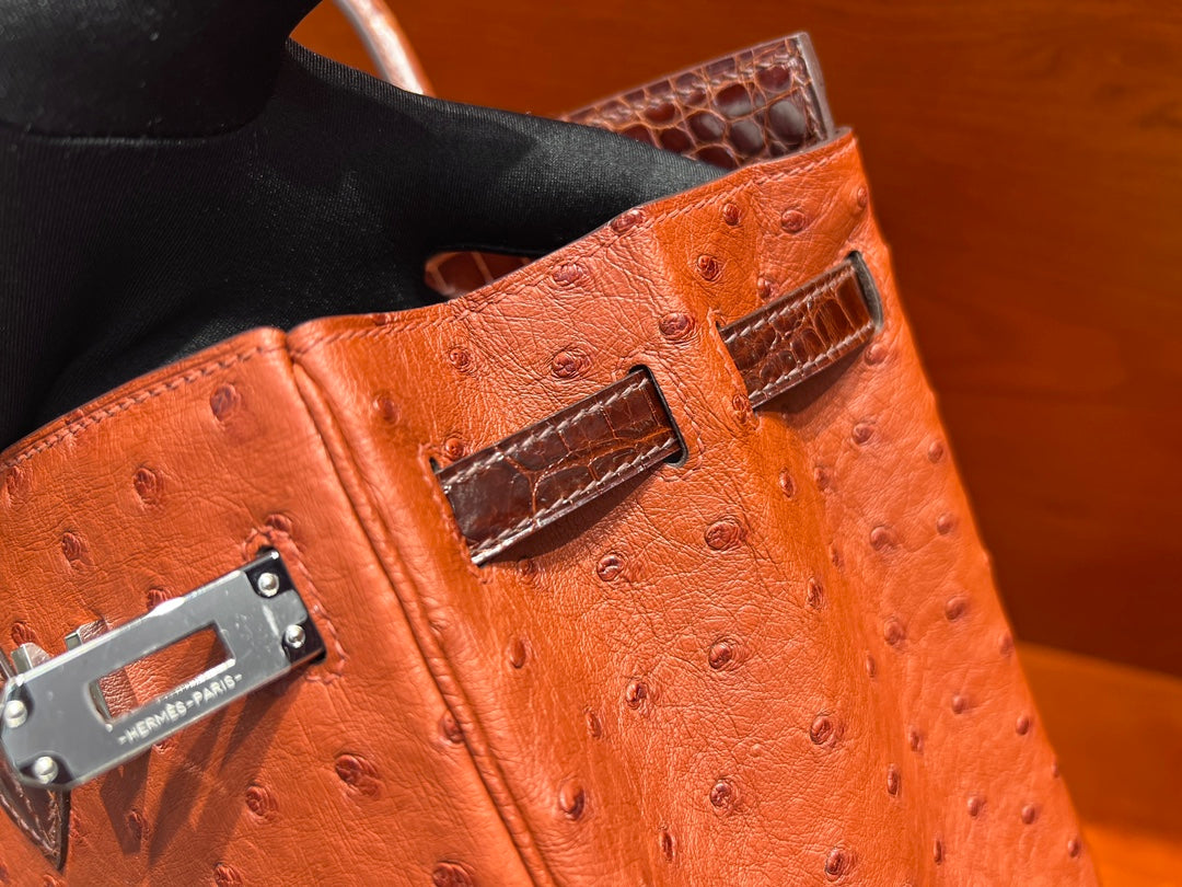 High-end Hermes 2026 Birkin 25cm Brick Red Crocodile/Ostrich Leather