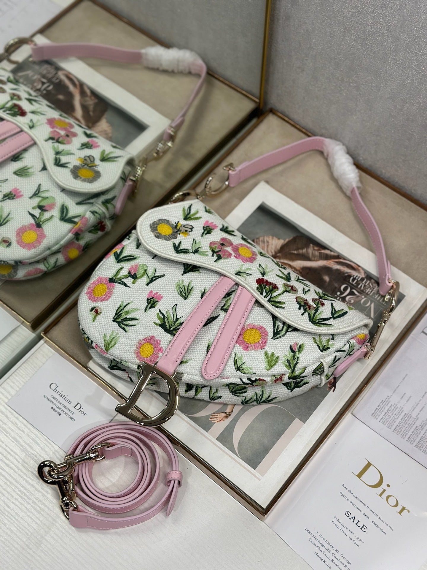 Dior 2026 Pink Flower Saddle Bag 25.5cm White Mix Colors Canvas Leather 154974