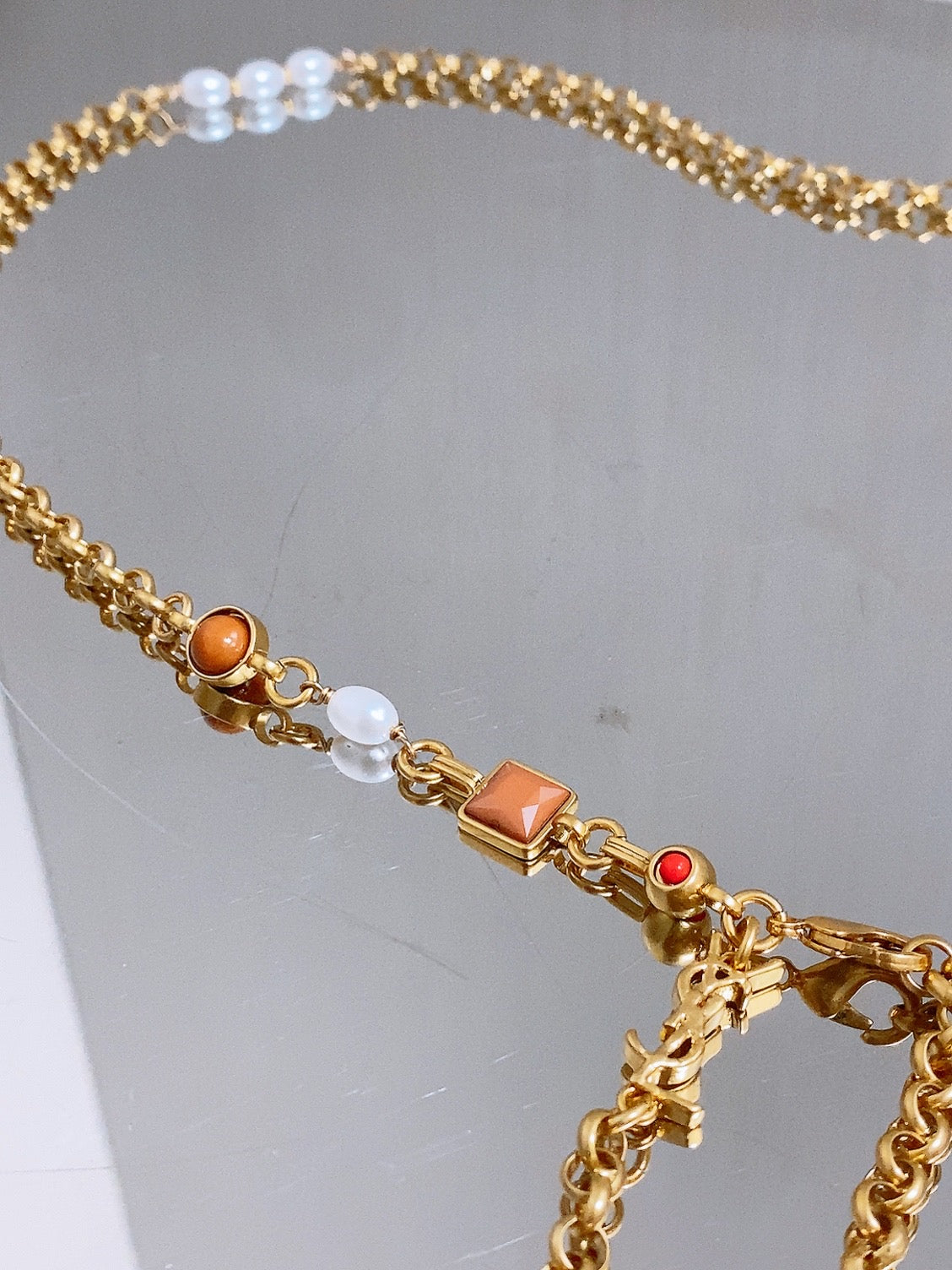 Saint Laurent 2026 Cassandre Pearl Chain Belt Gold 215216