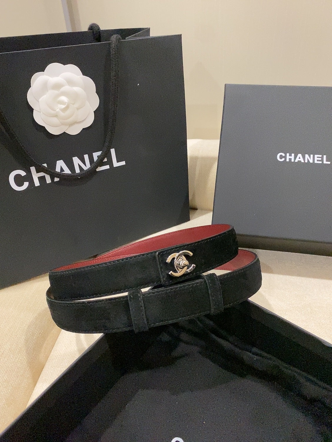 Chanel 2026 Double C Belt 25mm Suede Leather 215395