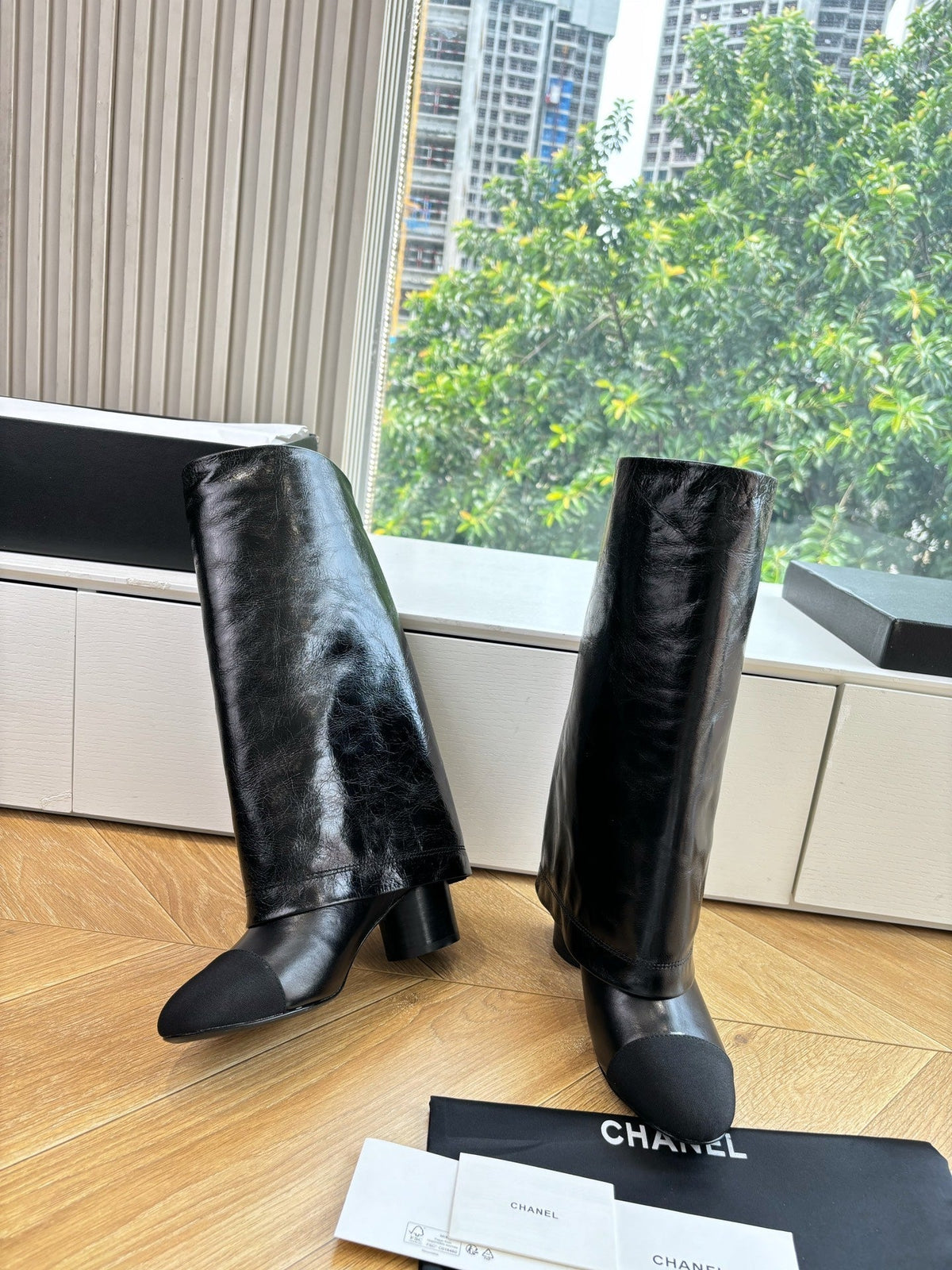 CC 25 High Boot Black Aged Calfskin Grosgrain 430338