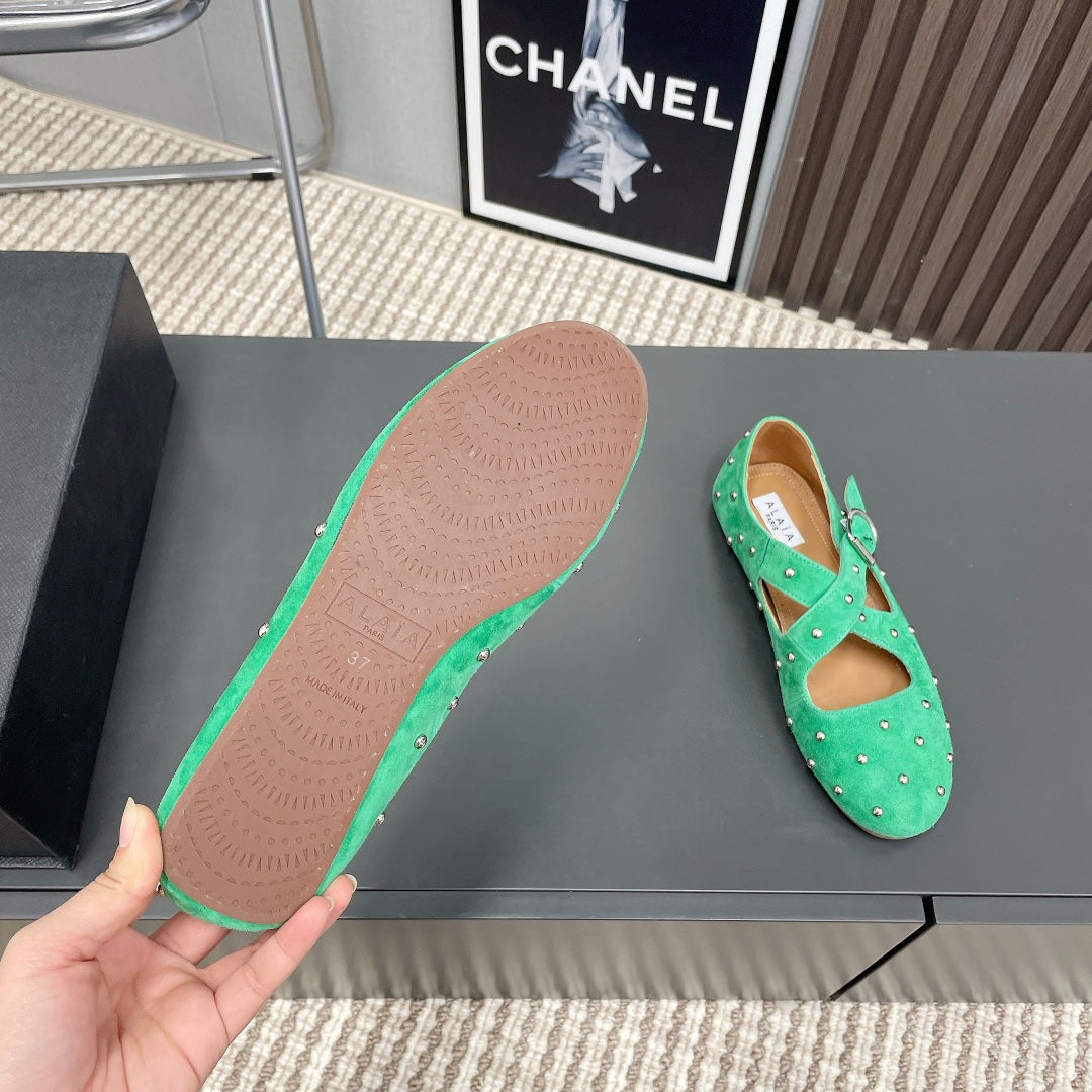 Alaia 2025 Criss Cross With Stud Ballet Flats Shamrock Green Suede 293210