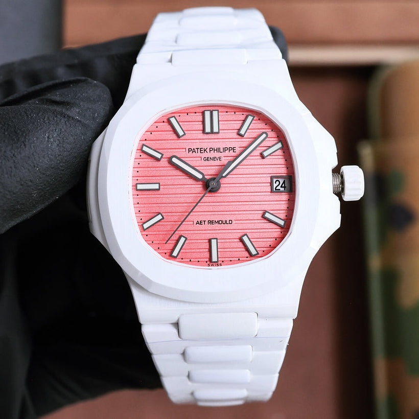 Patek Philippe Nautilus 5711 Pink Dial 40mm White Strap Watch