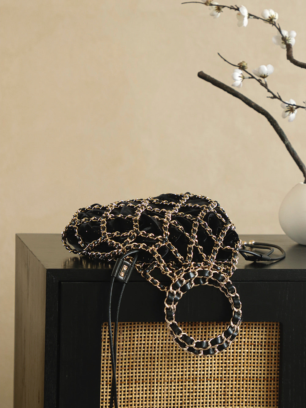 Chanel 2026 Chain Net Bag 42cm Black Gold Metal Velvet