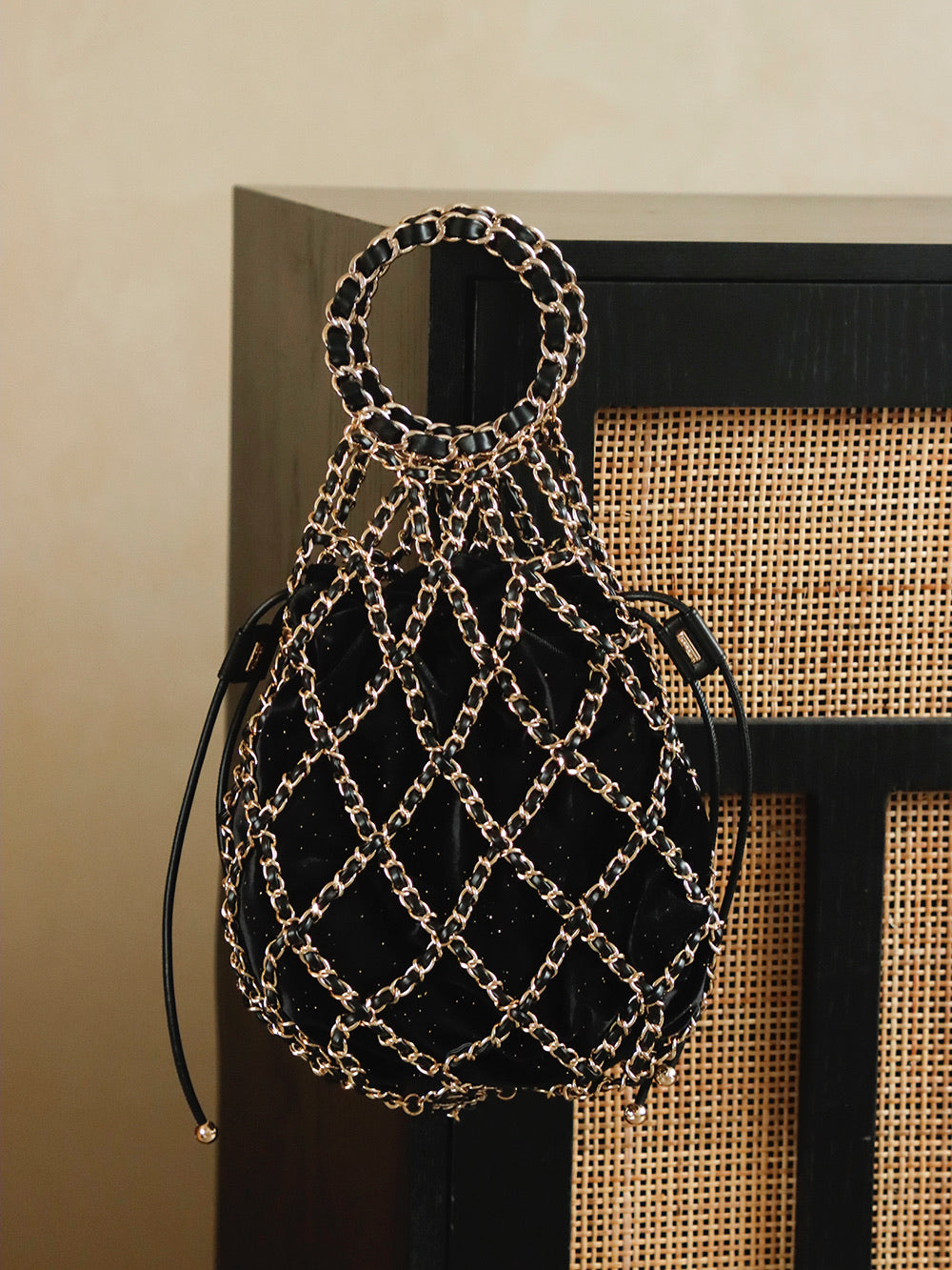 Chanel 2026 Chain Net Bag 42cm Black Gold Metal Velvet