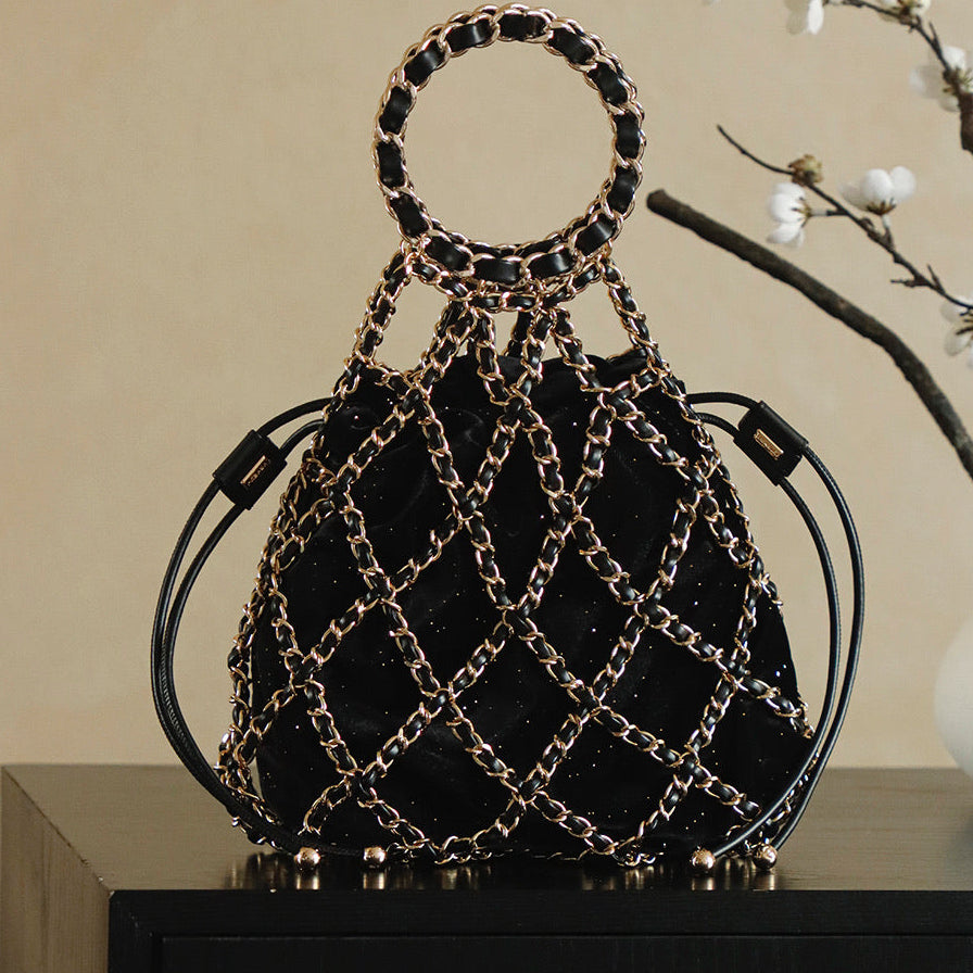 Chanel 2026 Chain Net Bag 42cm Black Gold Metal Velvet