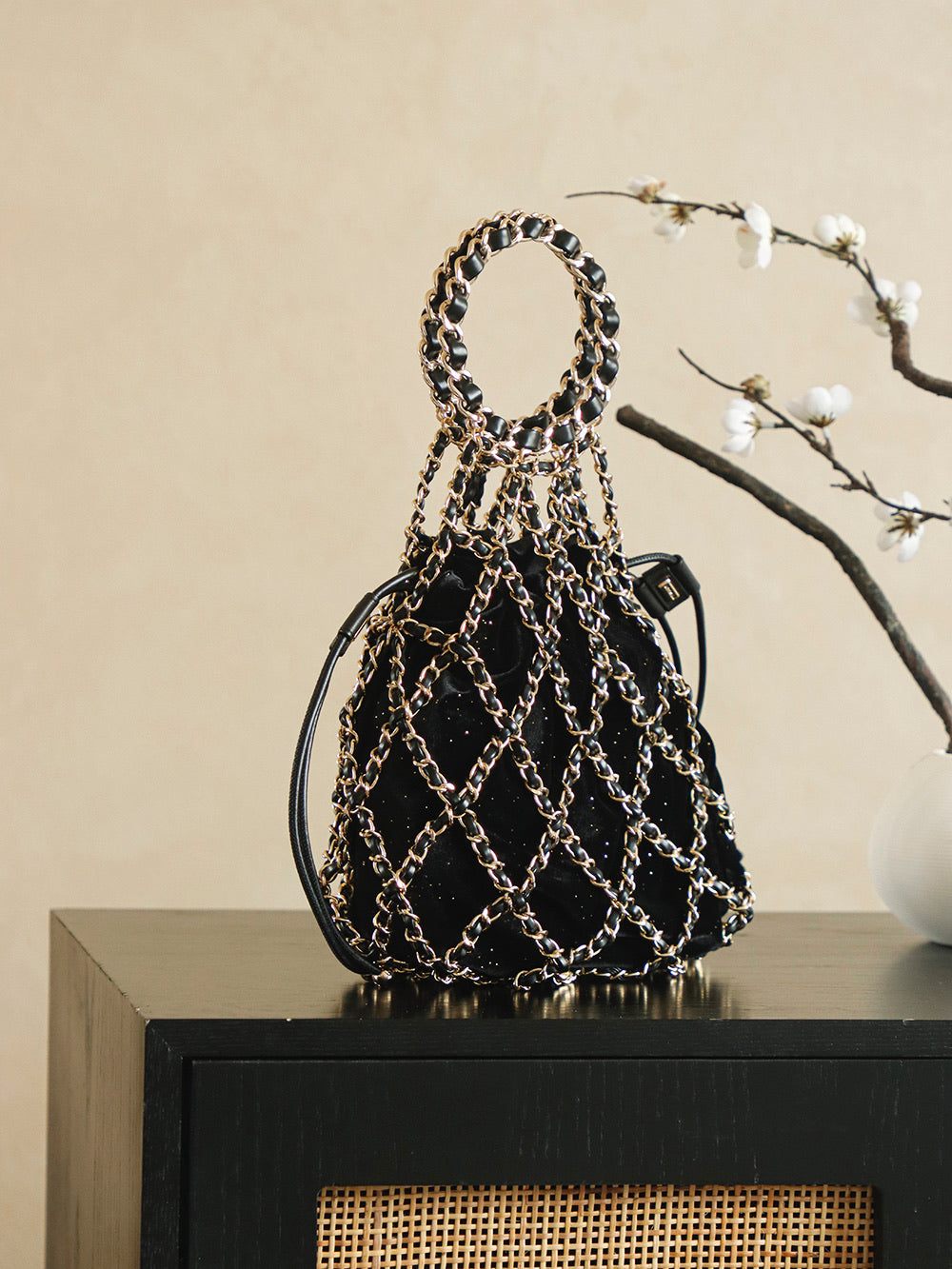 Chanel 2026 Chain Net Bag 42cm Black Gold Metal Velvet
