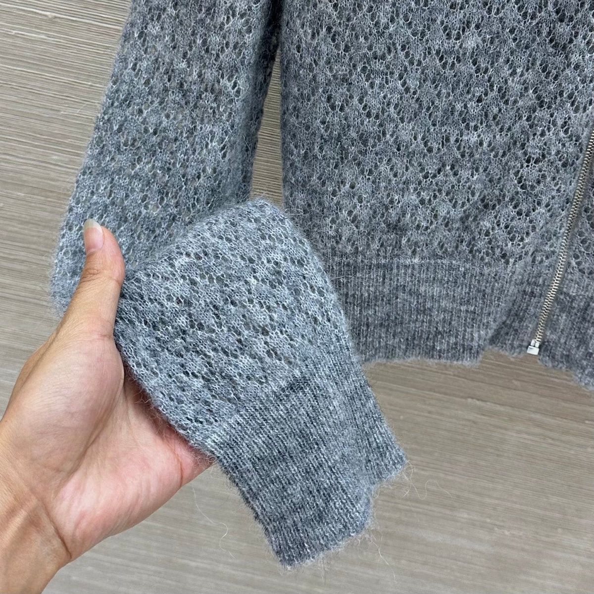 Miumiu 2026 Lace-trimmed Collared Knit Cardigan Grey Wool 837496