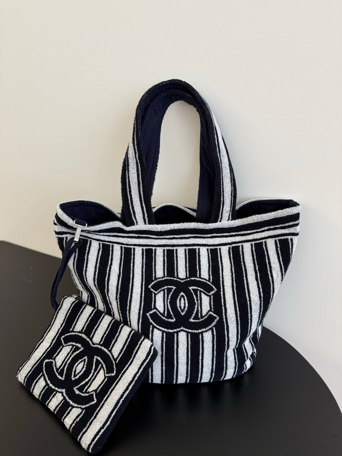 Chanel 2026  Coco Beach Tote Bag 43cm Black White Fluffy Cotton