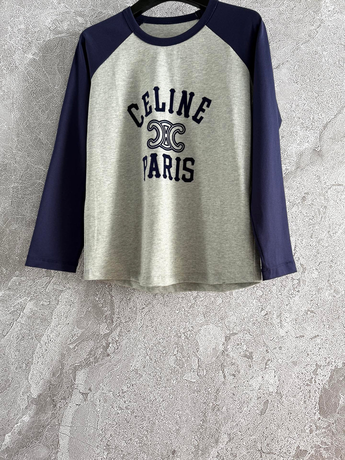 Celine 25 Flocked T-shirt Gray mix Navy Blue Cotton
