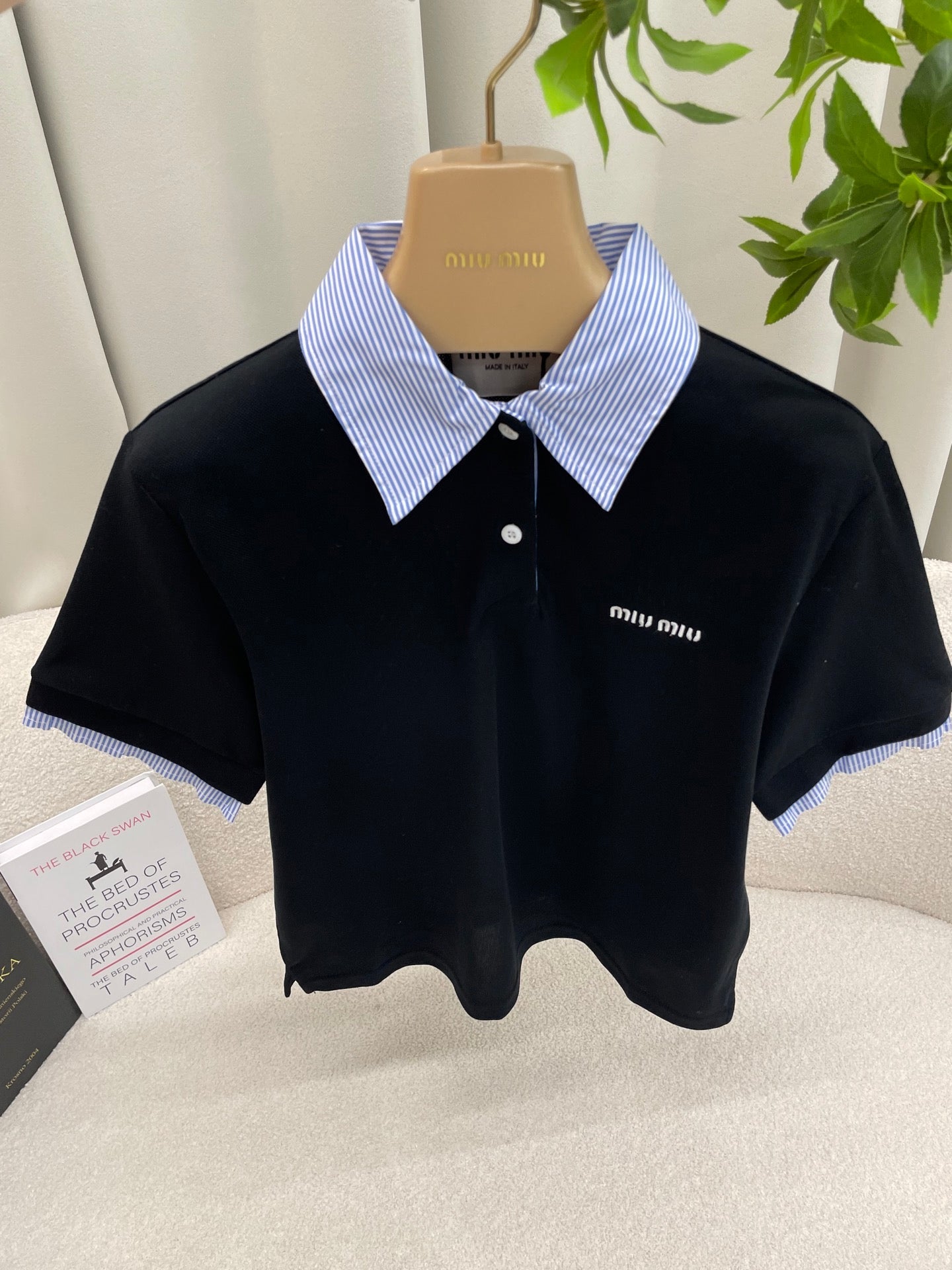 Miumiu 2026 Striped Patchwork Polo Shirt Black Blue Cotton