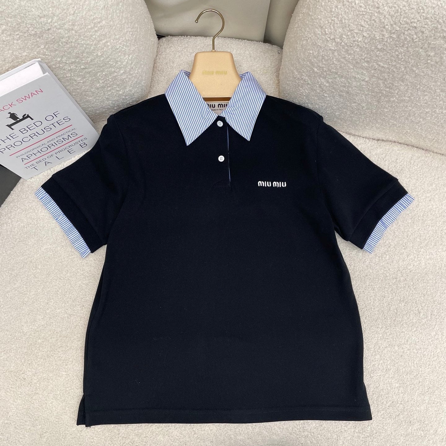 Miumiu 2026 Striped Patchwork Polo Shirt Black Blue Cotton