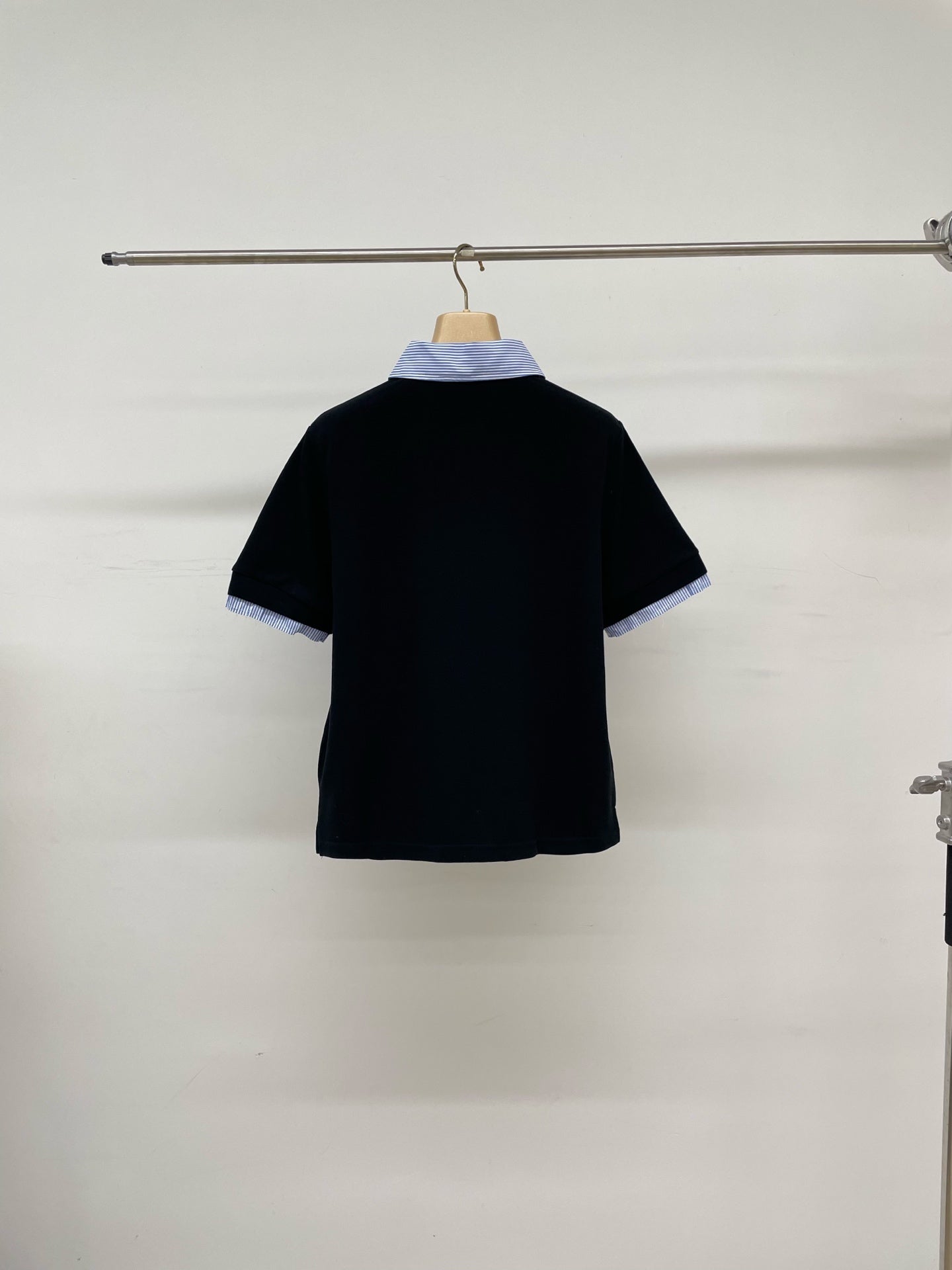 Miumiu 2026 Striped Patchwork Polo Shirt Black Blue Cotton