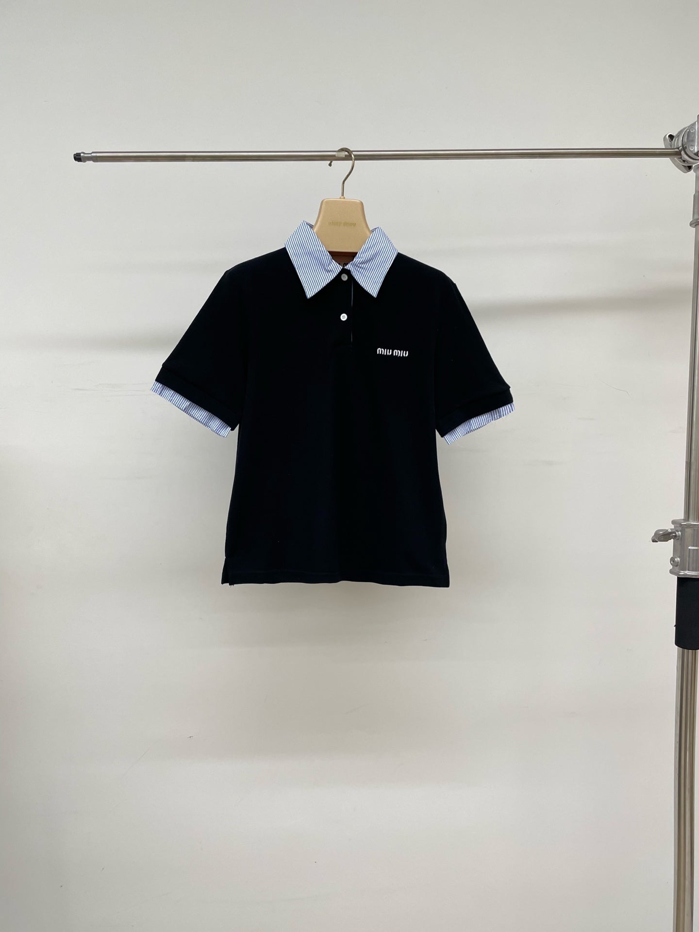 Miumiu 2026 Striped Patchwork Polo Shirt Black Blue Cotton