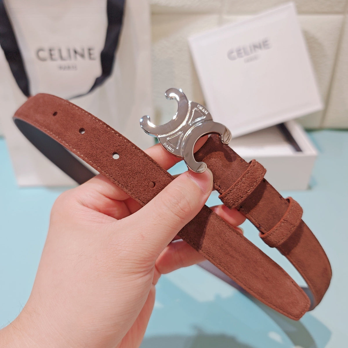 Celine 2026 Medium Triomphe Silver Belt 25mm Suede 194538