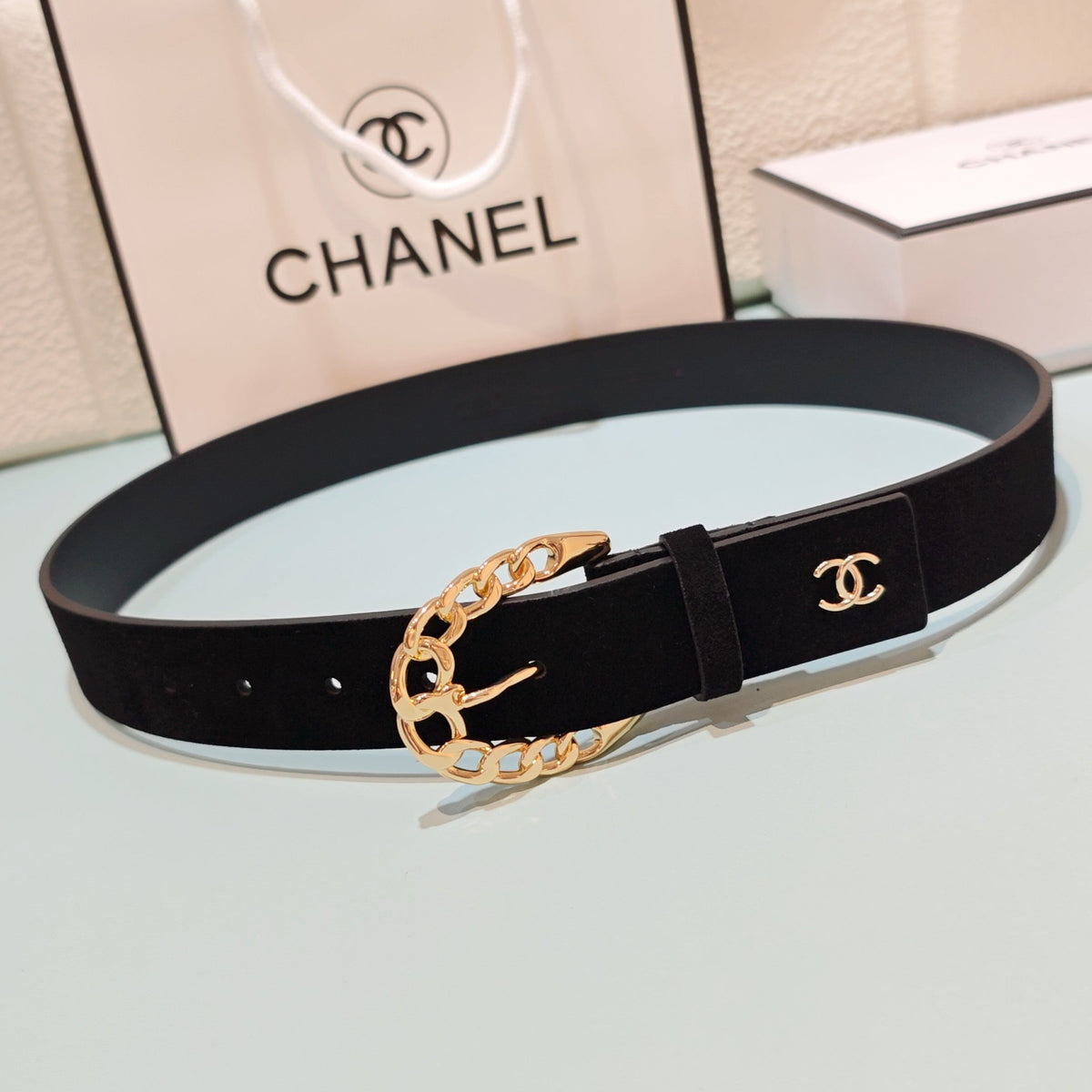 CC Belt 3.0CM Black Suede Gold Buckle 198421