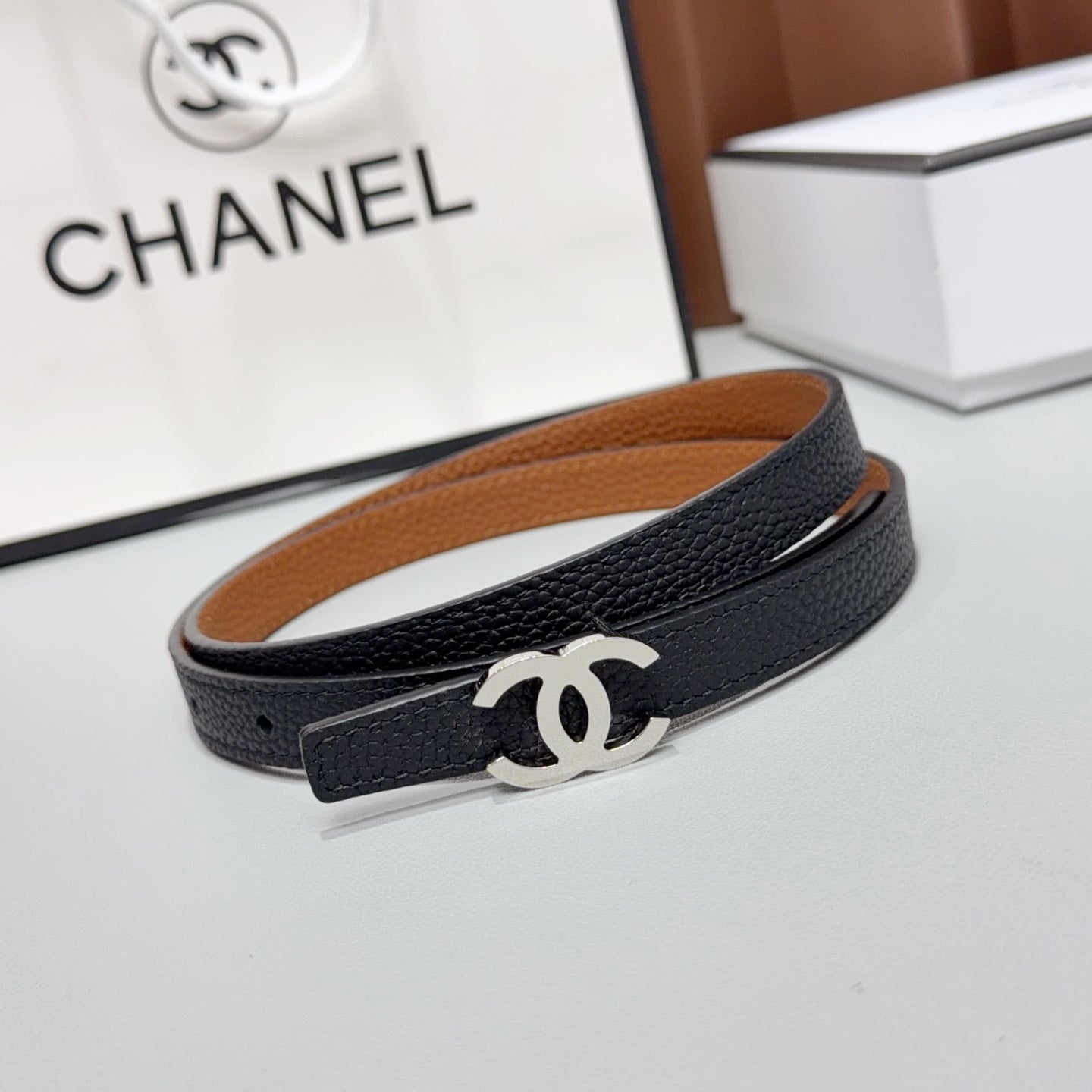 Chanel 2026 Slim Leather Logo Buckle Belt 15mm