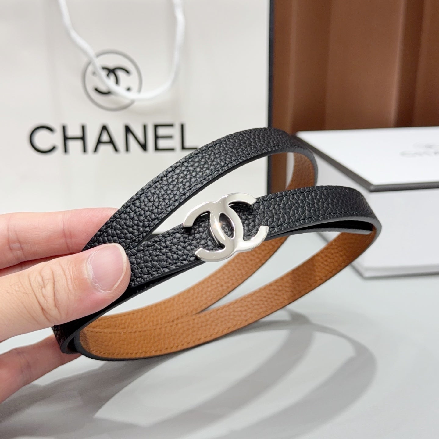 Chanel 2026 Slim Leather Logo Buckle Belt 15mm