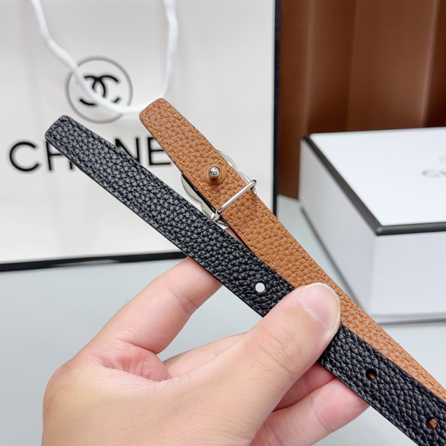 Chanel 2026 Slim Leather Logo Buckle Belt 15mm