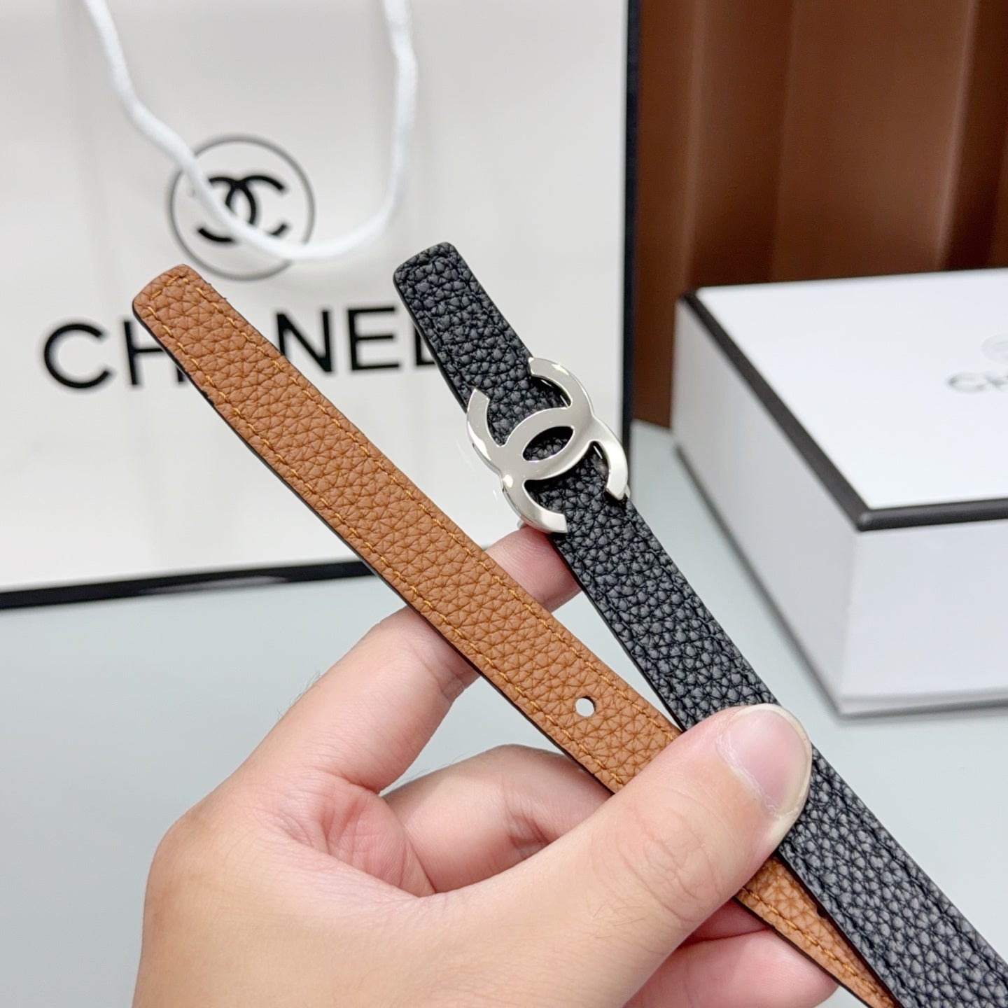 Chanel 2026 Slim Leather Logo Buckle Belt 15mm