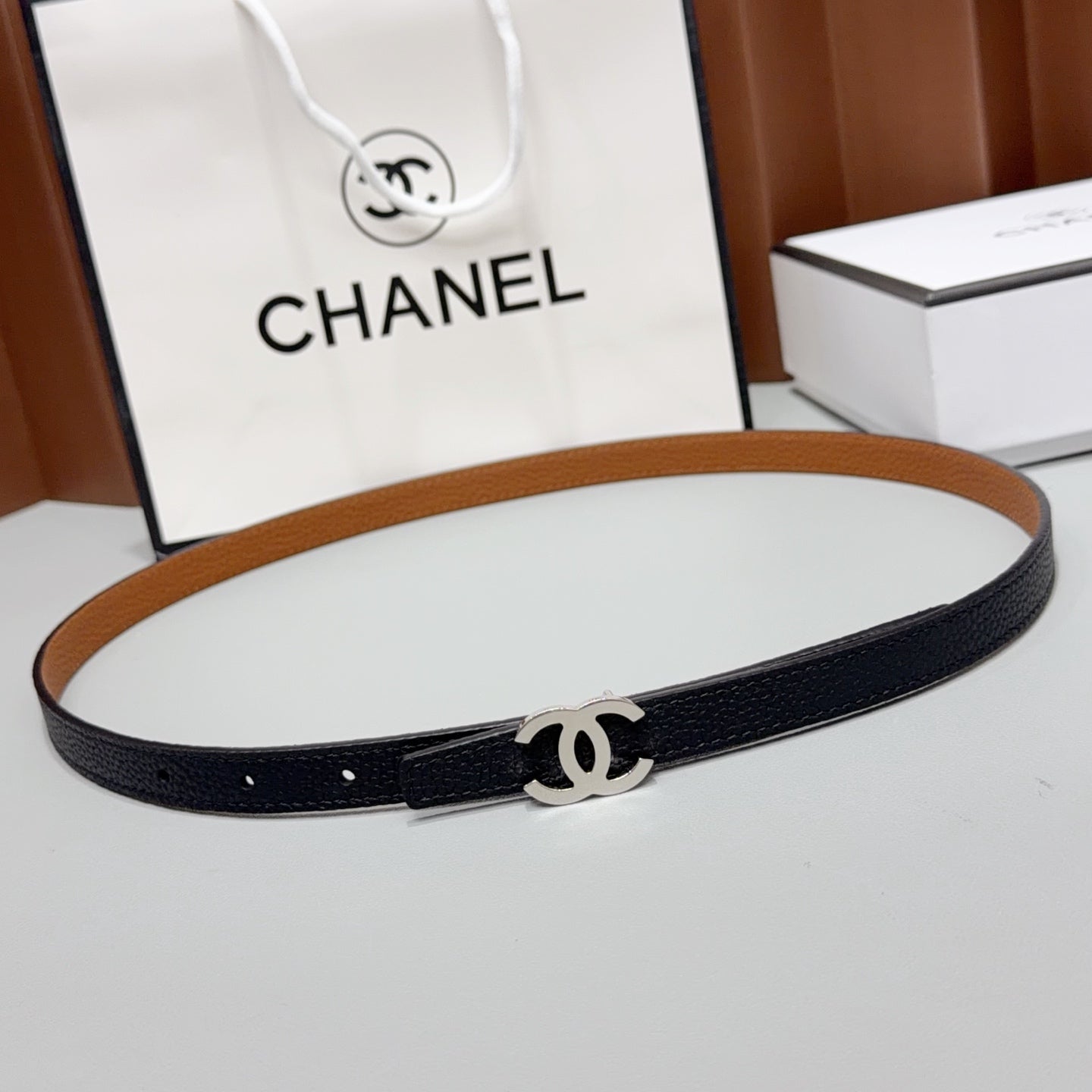 Chanel 2026 Slim Leather Logo Buckle Belt 15mm