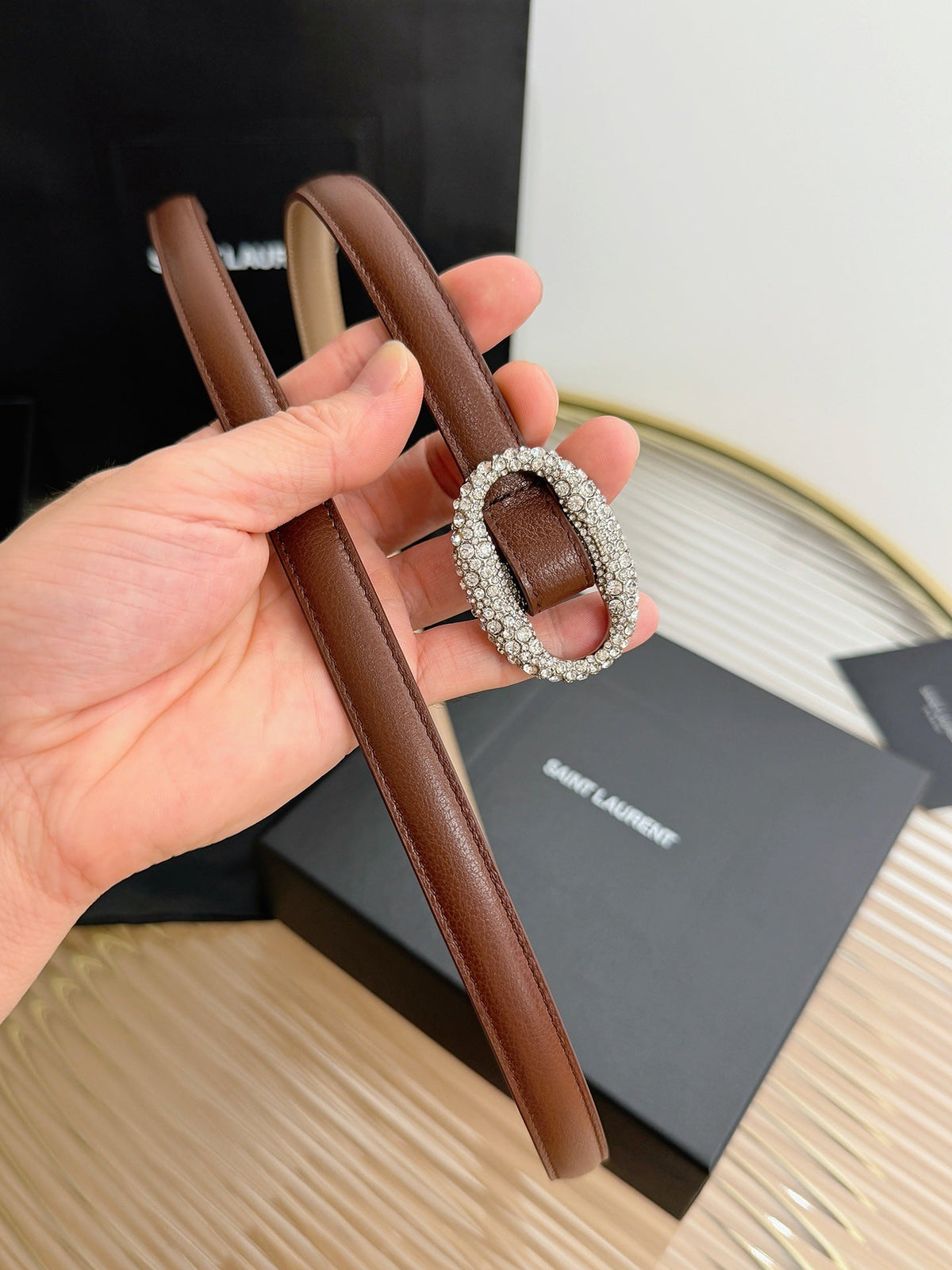 Saint Laurent 2026 Oval Belt 15mm Brown Leather 219066