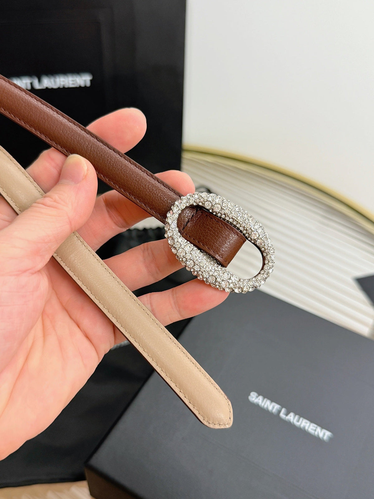 Saint Laurent 2026 Oval Belt 15mm Brown Leather 219066