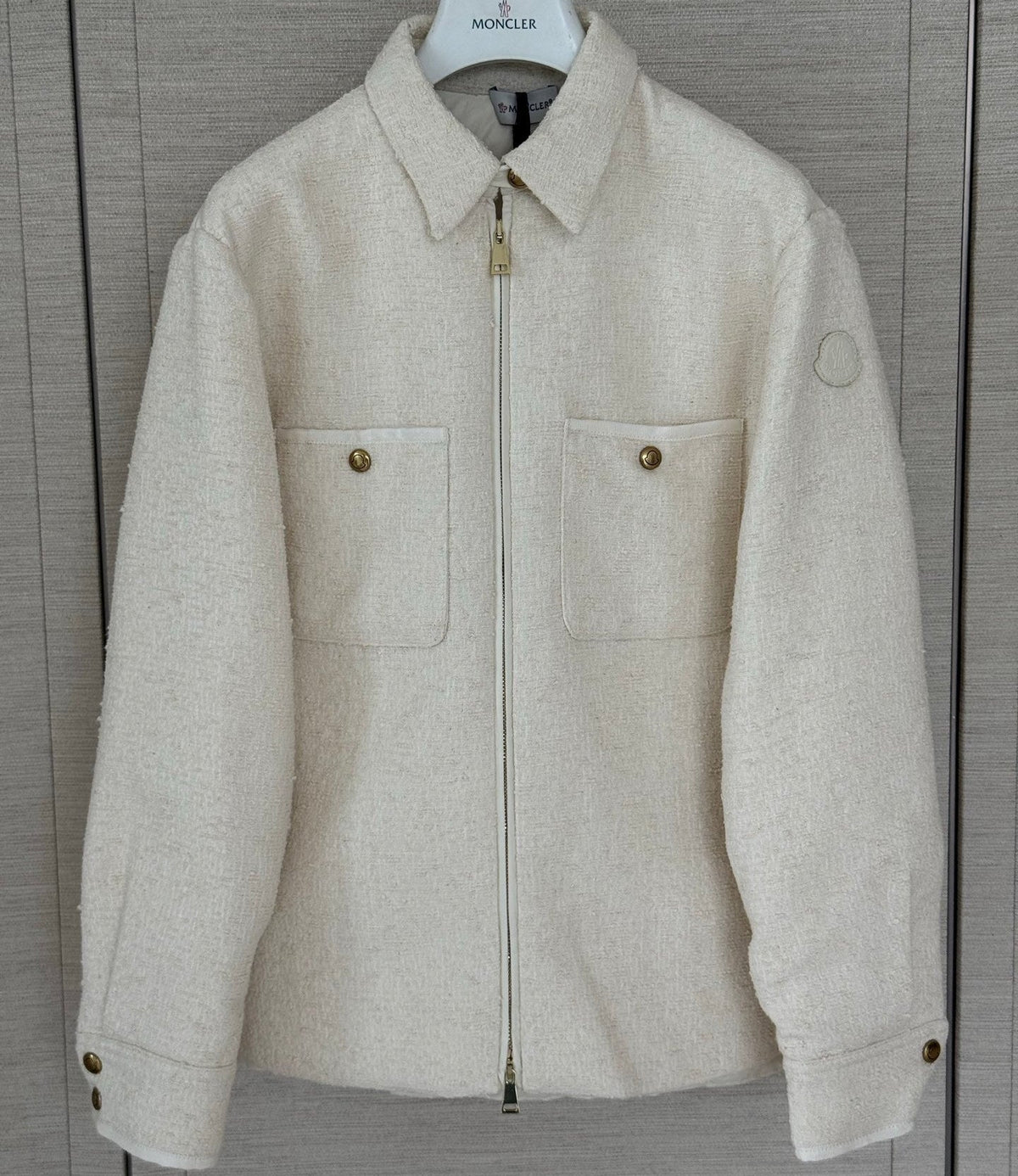 Moncler 2026 Bouclé Down Shirt Jacket Off-white Cotton Down