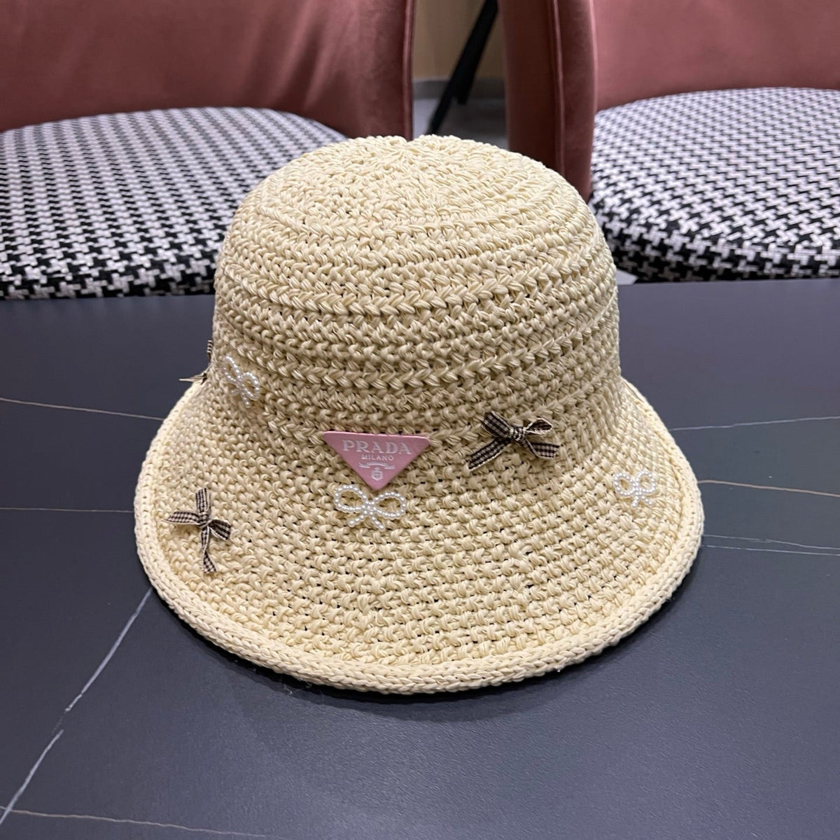 Prada Raffia Bow Knot Fisherman Hat 512516