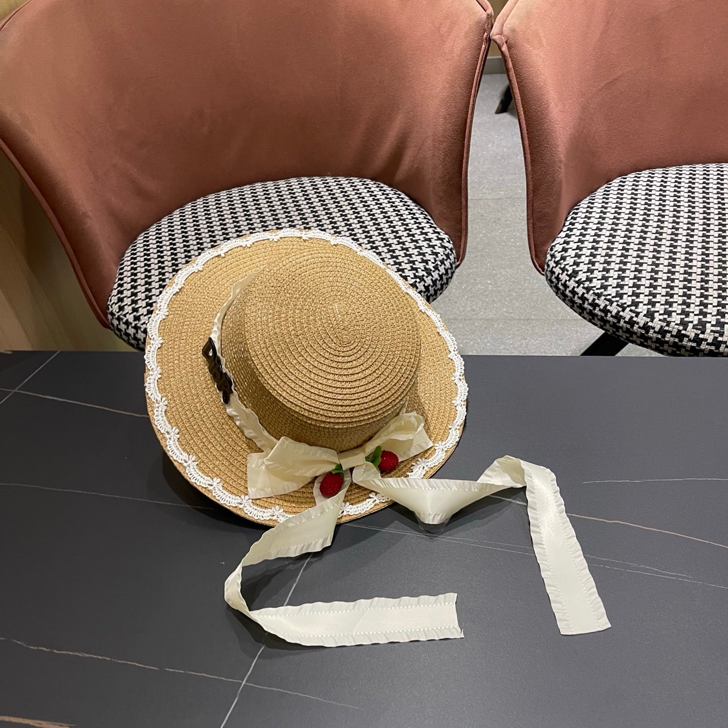 Dior Multi-colored Wide-brimmed Straw Hat With Bow 214480