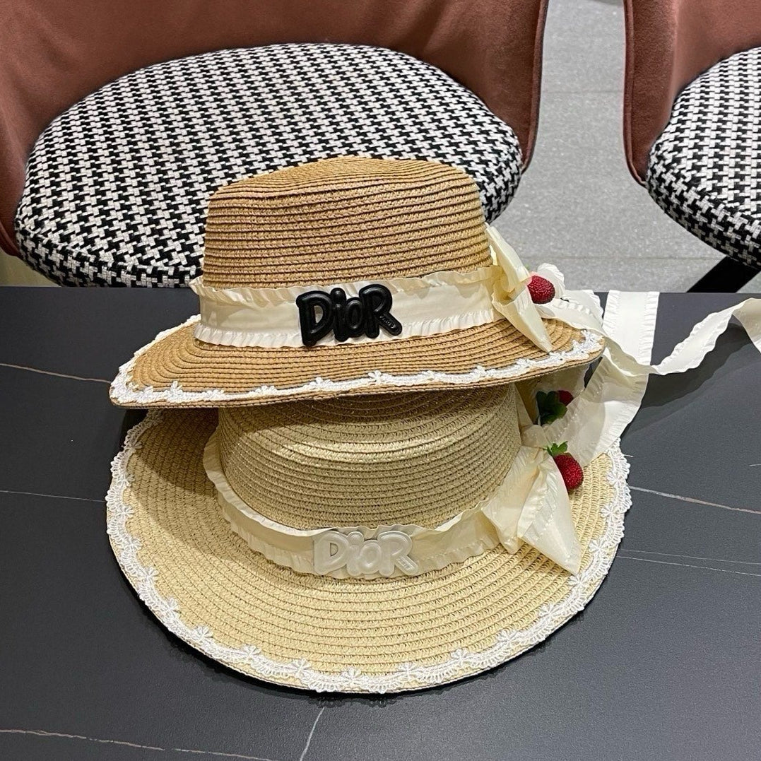 Dior Multi-colored Wide-brimmed Straw Hat With Bow 214480