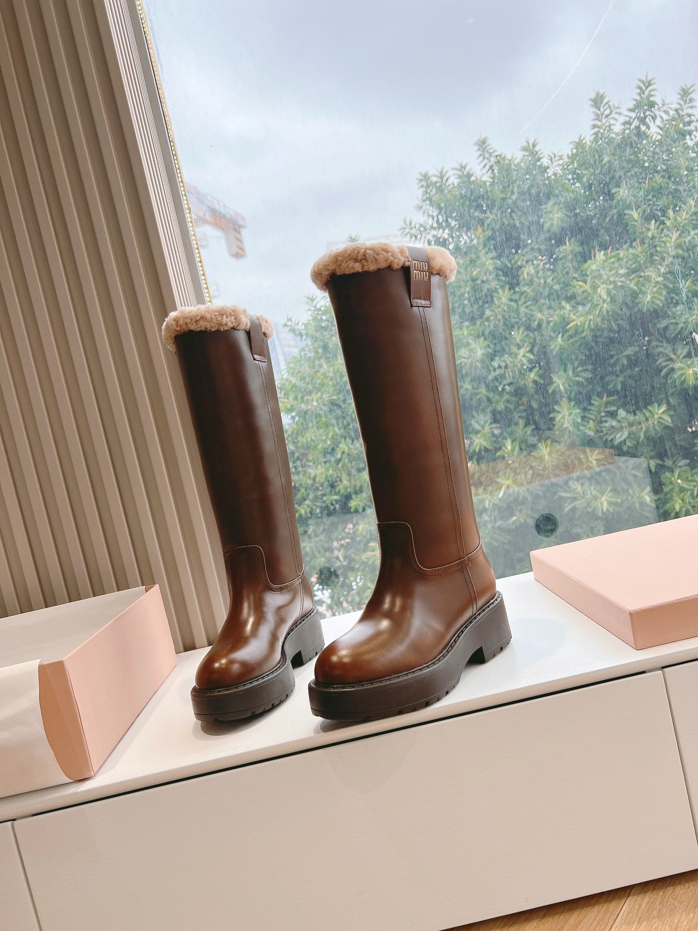 Miu Miu 2026 Shearling-Lined Knee-High Boots Brown Cowhide 994238