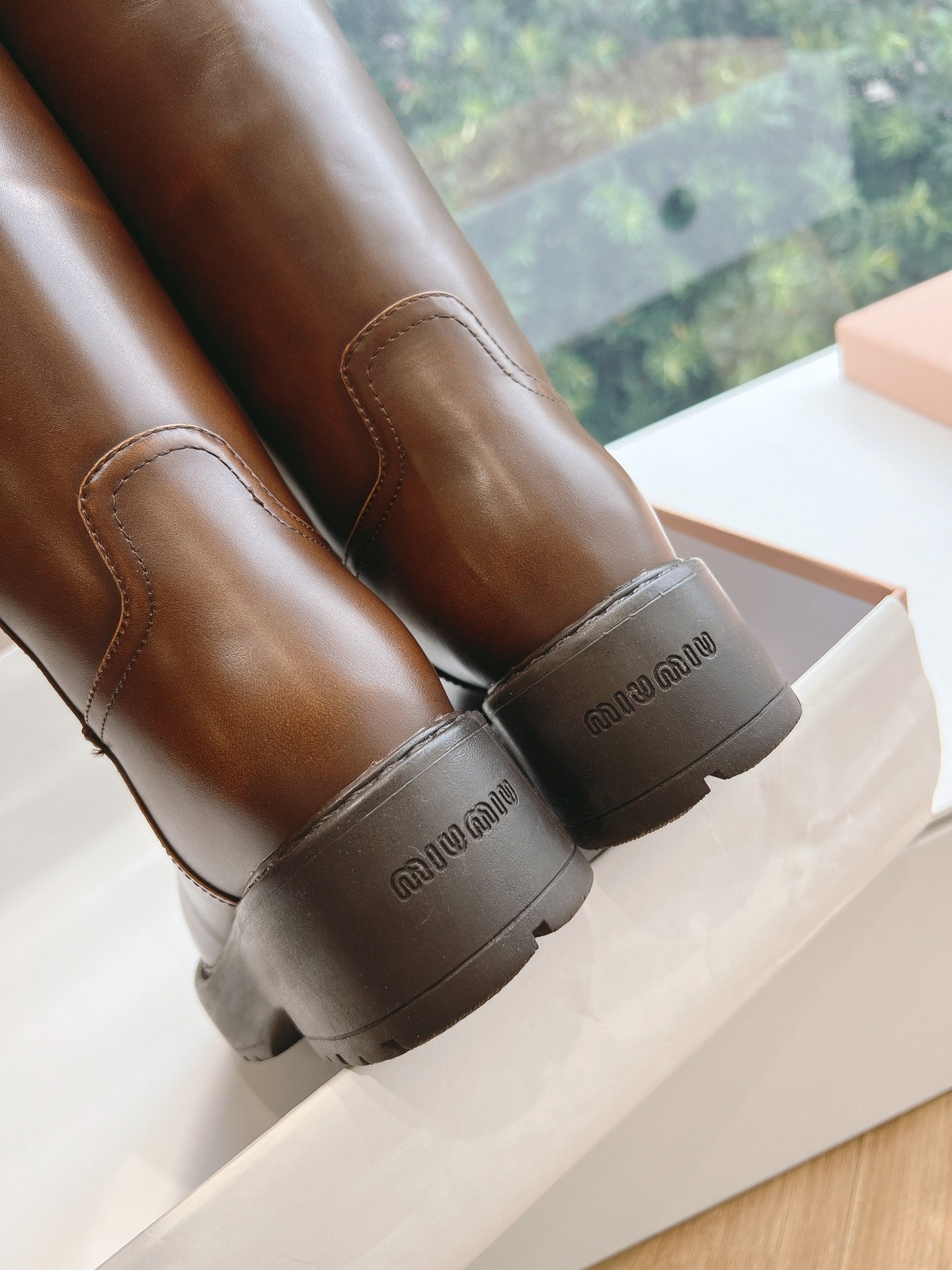Miu Miu 2026 Shearling-Lined Knee-High Boots Brown Cowhide 994238