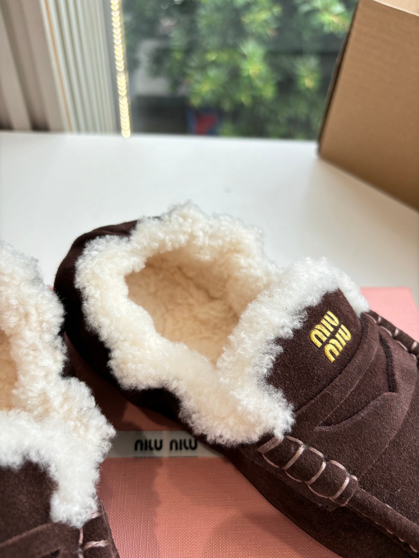 Miu Miu 2026 Ruches Shearling-Lined Penny Loafers Suede 994149