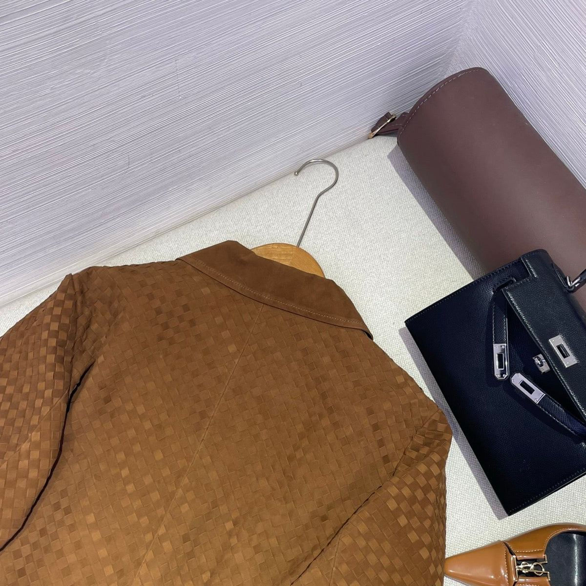 Bottega Veneta 2026 Intrecciato Blouson Jacket Brown Suede 425326