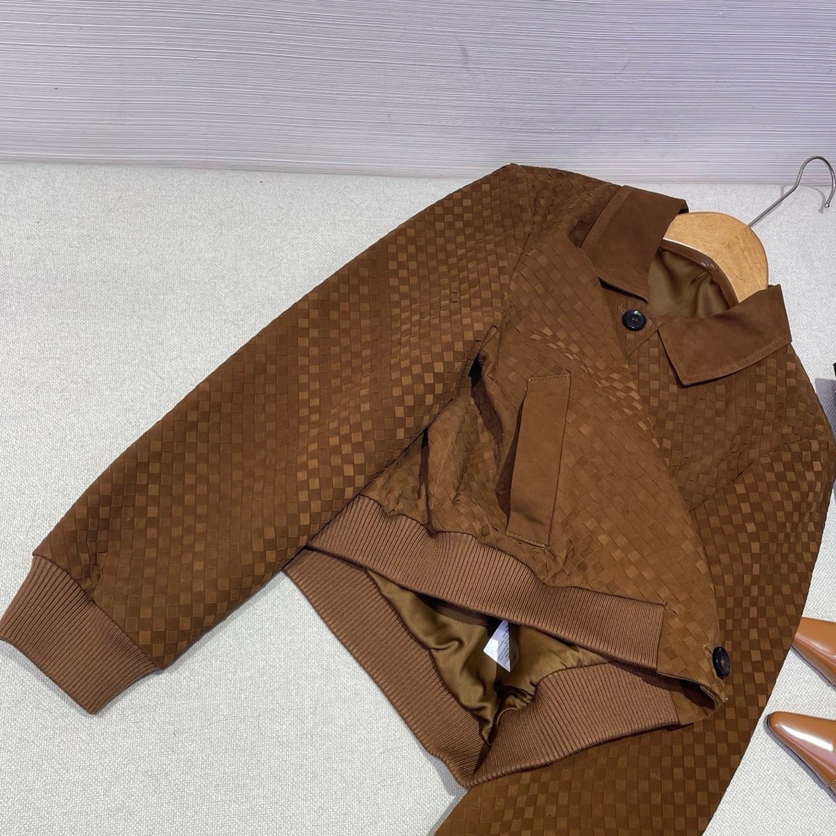 Bottega Veneta 2026 Intrecciato Blouson Jacket Brown Suede 425326