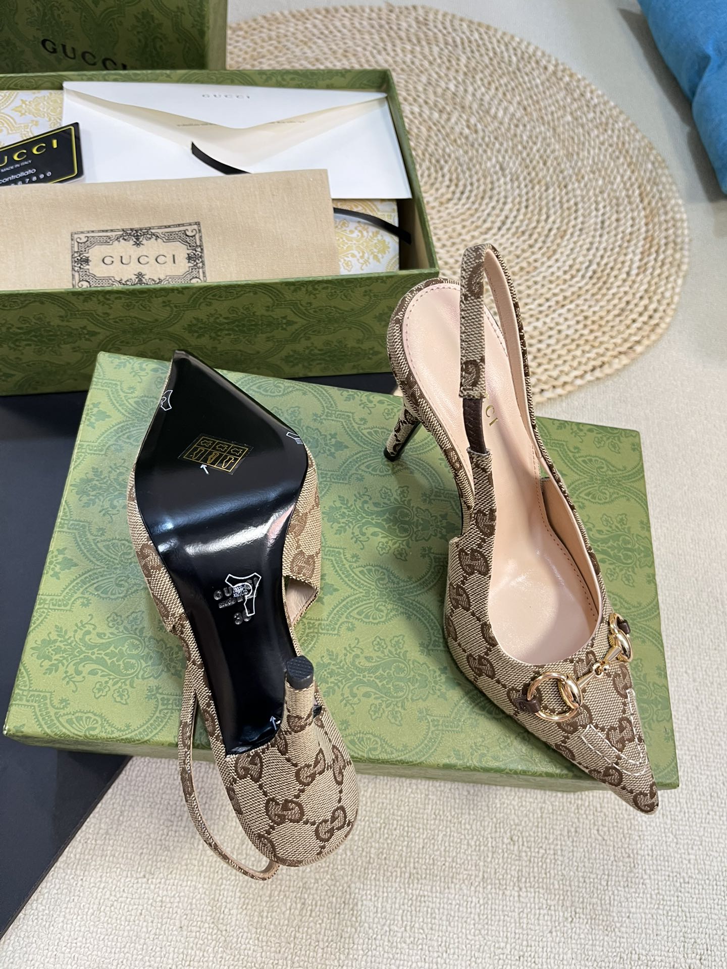GC Horsebit Slingback Pump 100mm Beige mix Brown Canvas Sheepskin 294566