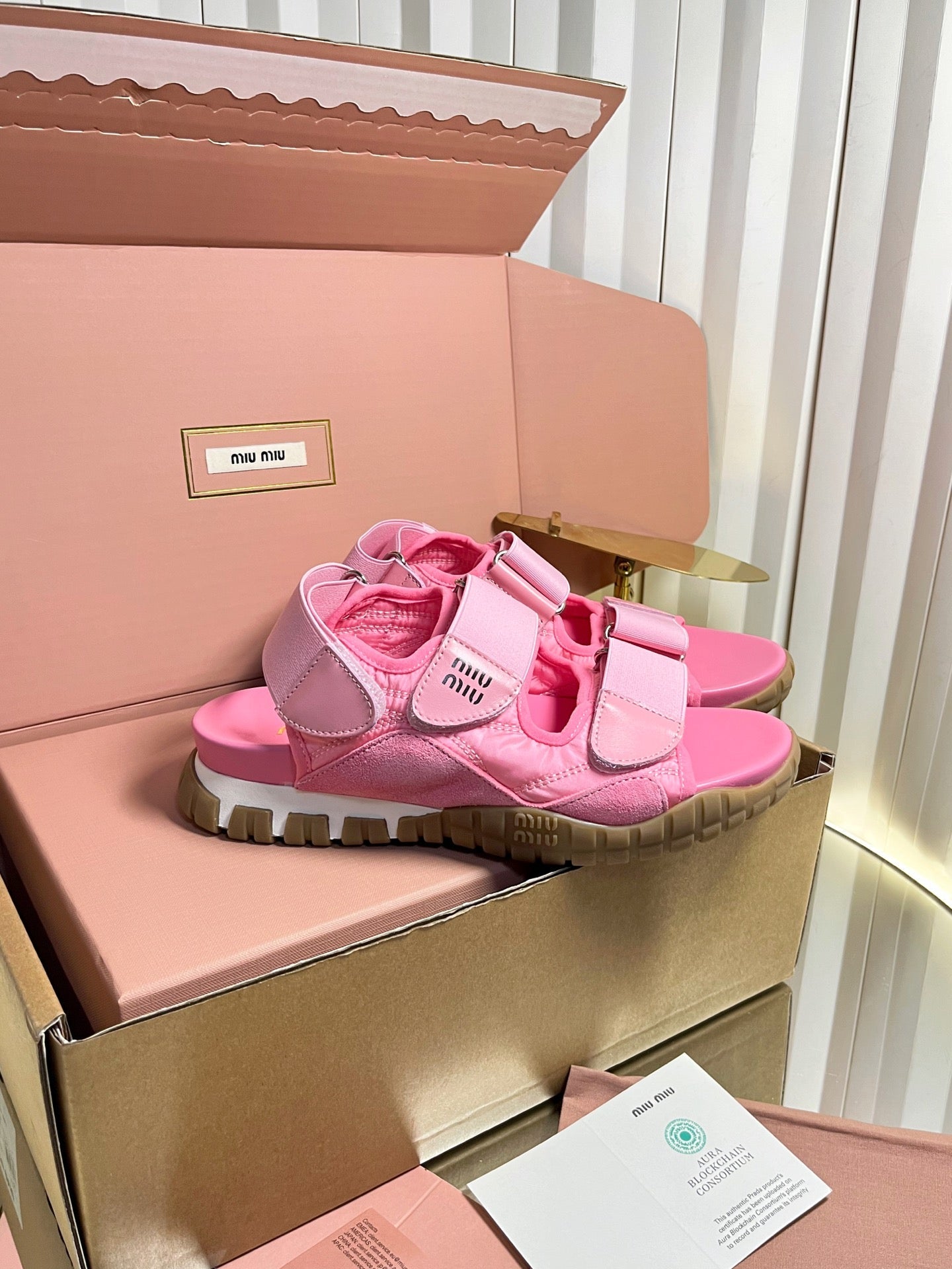Miumiu 2026 Velcro Sports Sandals Pink Leather 922974